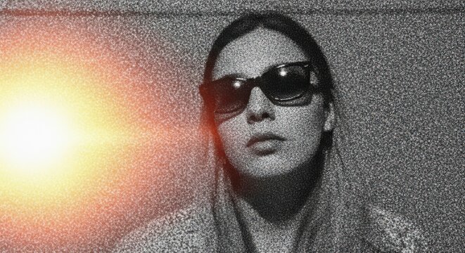 Portrait of young woman wearing dark sunglasses against a grainy textured wall with a bright warm lens flare light leak effect on the left side, vintage aesthetic with grain noise