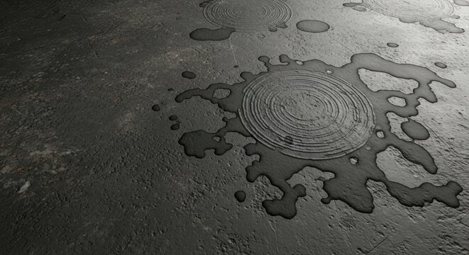 Raindrops falling onto a dark gray concrete surface creating concentric circular ripples and irregular water splashes, wet texture with reflections on a rough ground after a heavy rain