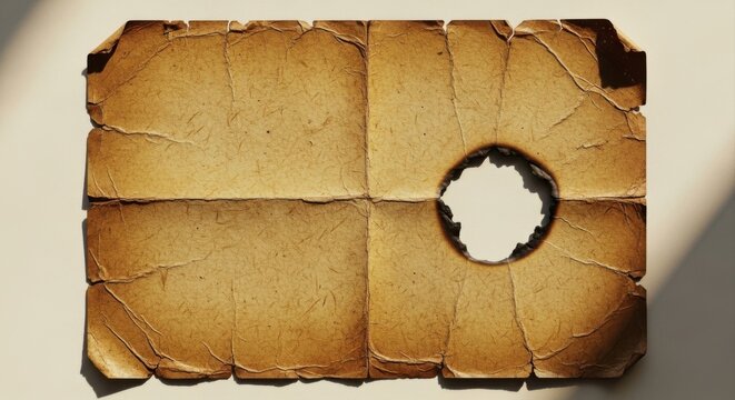 Rectangular piece of aged yellowed paper with a large circular hole in the middle, showing visible fold lines and distressed burnt edges, positioned on a neutral surface with soft shadows