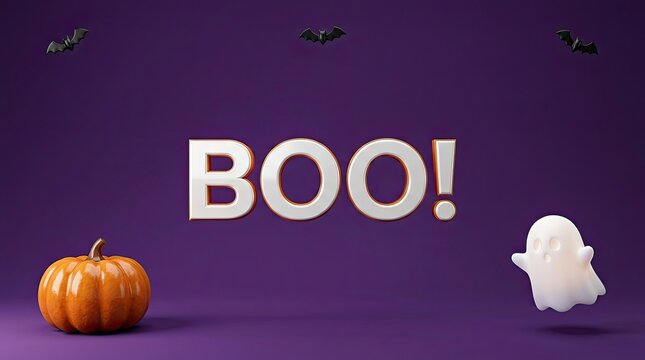 Halloween background with a cute ghost and a pumpkin on a purple surface with 3d text