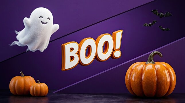 Cute ghost flying over orange pumpkins with a bold boo text on a dark purple background