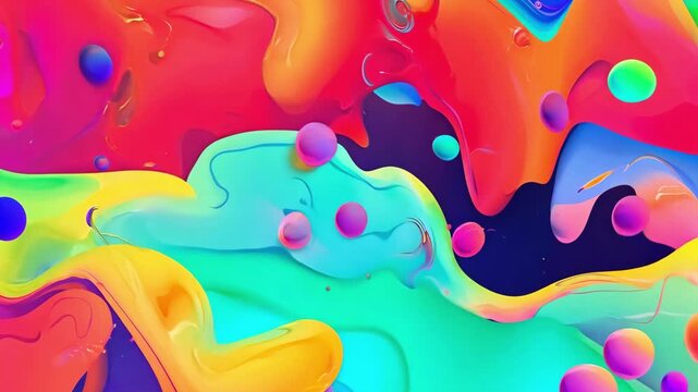 Vibrant multicolored liquid fluid with glossy spheres in dynamic motion, playful abstract background, colorful modern design, creative bright composition.