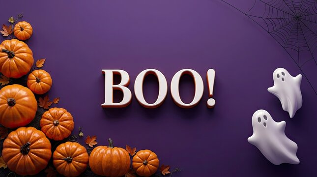Festive halloween background with orange pumpkins and cute white ghosts on a dark purple surface