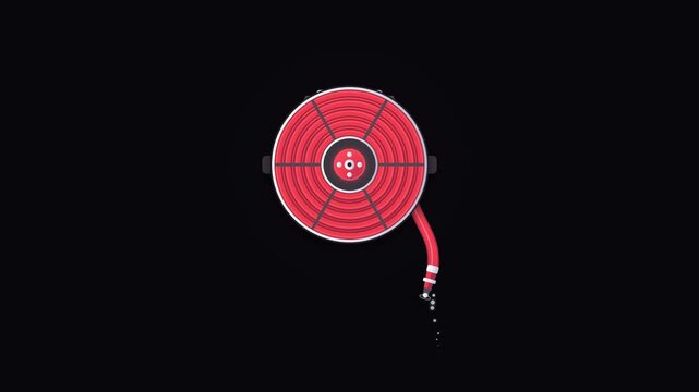 Red firefighter fire hose reel mounted on black wall with coiled rubber hose and brass nozzle, emergency rescue equipment close-up industrial style