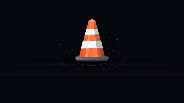 Orange and white safety traffic cone rotating on dark background in seamless 2D loop animation for firefighter emergency responder scene barrier