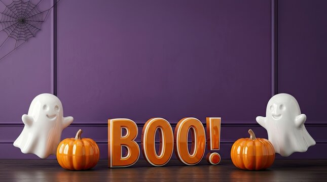 Festive halloween background with boo sign orange pumpkins and white ghosts against a dark purple wall