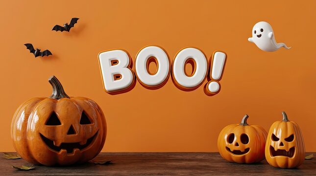Festive halloween background with carved pumpkins ghosts and bats on an orange wall with the word boo
