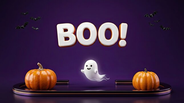 Cute 3d ghost character with orange pumpkins and the word boo on a dark purple background