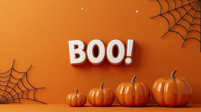 Festive halloween background with white boo text pumpkins and spider webs on an orange surface