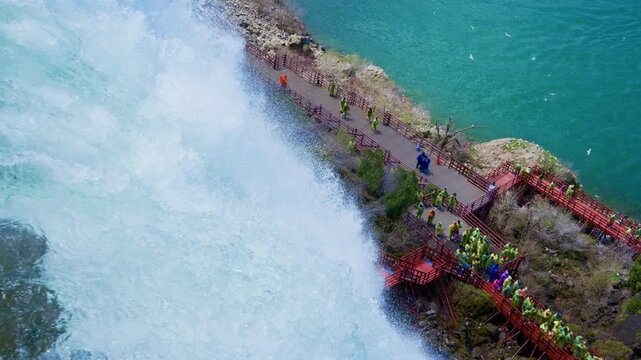 Cinematic Slow Motion High-Angle View of Niagara Falls   & Tourists
