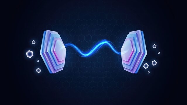 Two glowing hexagonal prisms connected by a sine wave, dark blue background
