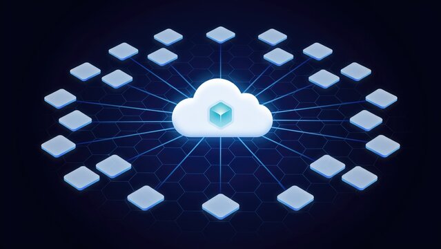 Cloud computing network diagram with centralized data cube and connected nodes