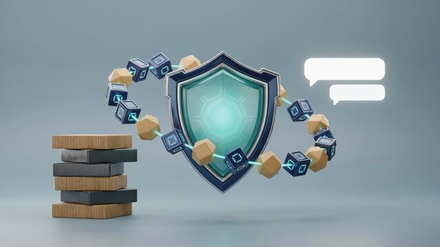 3D shield icon with blockchain chain and stacked wooden blocks