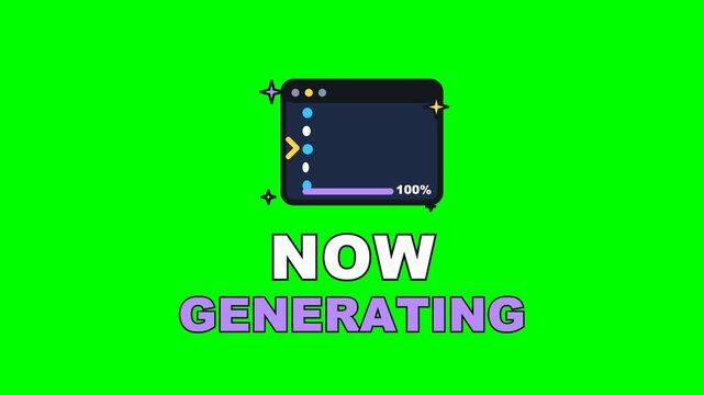 4K green screen NOW GENERATING animated text - tokens landing block by block behind a caret, kinetic typography AI and technology overlay for tech content and social media, chroma key