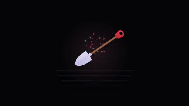 Firefighter rescue shovel animation rotating on dark background with ember particle effects in 2D motion sequence