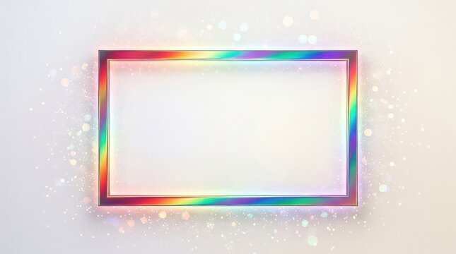 Holographic iridescent rectangular frame with glowing magical sparkles and bokeh light effects