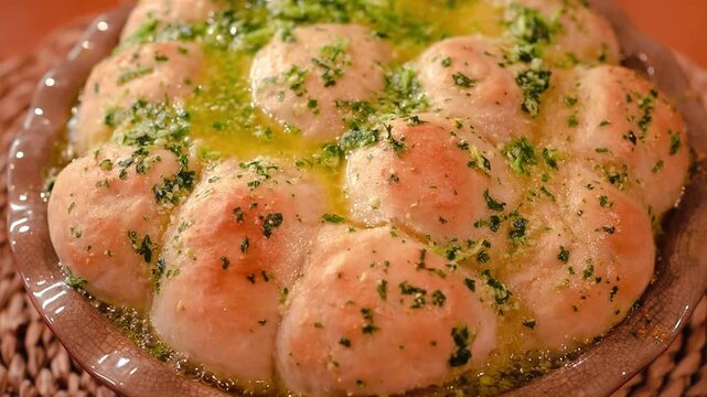 Bubbling Garlic Oil on Traditional Ukrainian Pampushky, Straight from the Oven