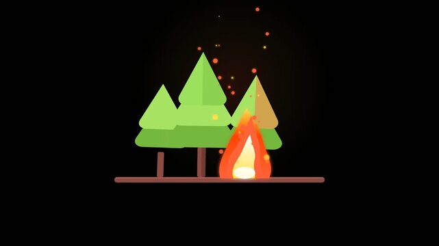 Flat vector animation of forest fire with burning trees and rising orange embers on black background for emergency awareness footage