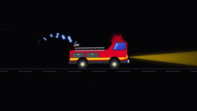 Firefighter rescue truck driving on dark road with flashing sirens and spotlight in side view 2D animation
