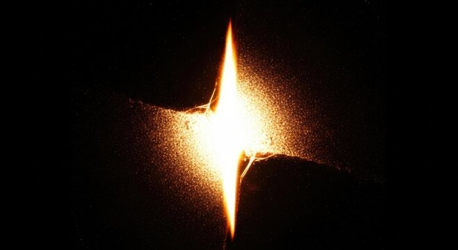 Single bright flame burning in the darkness, intense fire light against a black background, glowing orange and yellow heat, close up of a match or lighter spark, dramatic lighting, energy