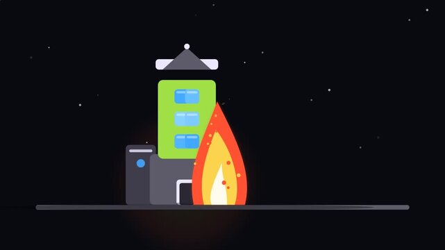 Stylized 2D firefighter rescue emergency cartoon animation loop with burning building and fire truck silhouette on dark night background