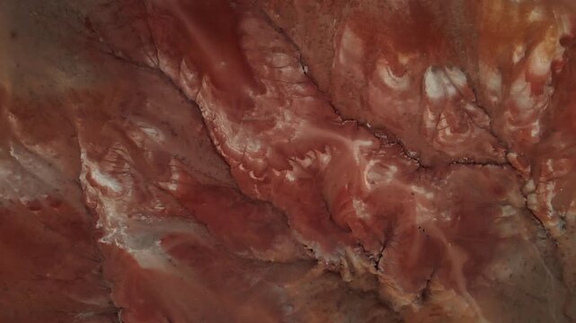 A spectacular view of a rocky landscape dominated by red and reddish-brown hues, with eroded terrain contours resembling a natural abstract painting.