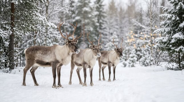 Three reindeer standing in a snowy forest during winter