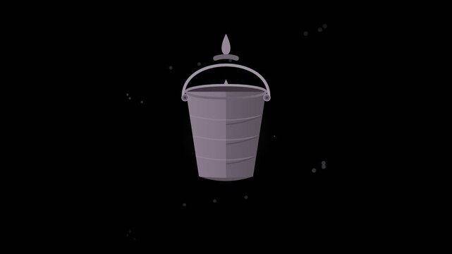Purple plastic bucket with metal handle falling downward in seamless loop animation against black background with floating particle dust effects