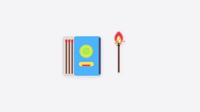 2D animated blue matchbox with lit match sliding into frame on white background in seamless flat motion loop