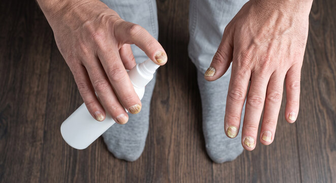 Man Applying Treatment Spray to Hands with Nail Fungus and Other Common Dermatological Nail Conditions onychomycosis