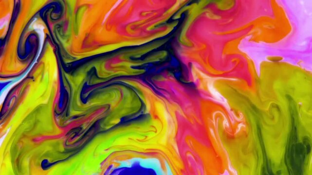 An abstract process of colorful ink mixing. Vibrant colors&mdash;such as light blue, dark blue, green, yellow, orange, pink, and purple&mdash;move and swirl, forming dynamic spiral patterns.
