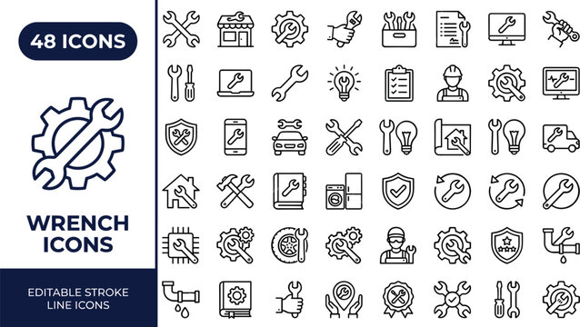 Wrench and gear repair line icons bundle for plumbing automotive and home maintenance services