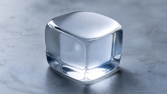 Single clear ice cube with reflections on a dark wet stone surface