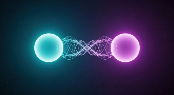 Two glowing spheres in cyan and purple connected by a complex swirling energy wave pattern, abstract science concept of quantum entanglement or particle physics, dark background