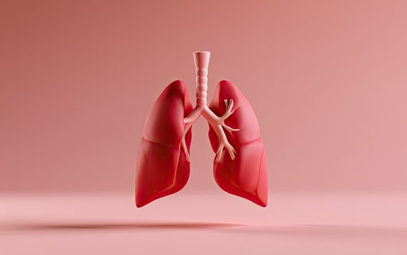 Detailed 3D render of human lungs and trachea against a soft pink background