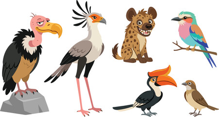 Naklejka premium Cute Cartoon African Birds and Hyena Animal Vector Set Featuring Vulture Secretary Bird Hornbill and Roller for Kids Educational Nature Book Designs