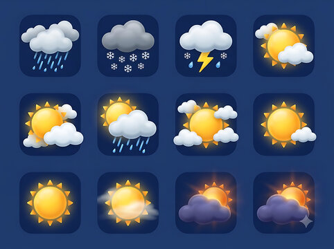 Various Weather Icons: A collection of twelve stylized icons representing different weather conditions, including rain, snow, thunderstorms, and sunny skies.