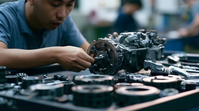 A focused technician meticulously assembles mechanical components on a workbench in an industrial workshop setting