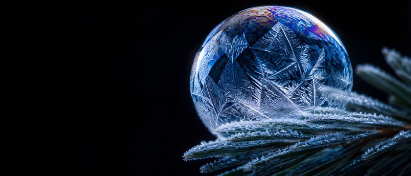 Macro close up of frozen soap bubble with crystal ice patterns on frost pine needle branch, premium winter holiday and climate control freeze protection technology banner with dark copy space