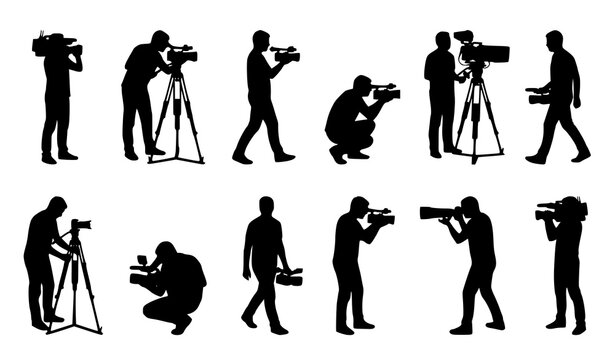 Cameraman filming with professional video camera silhouette collection isolated on white vector