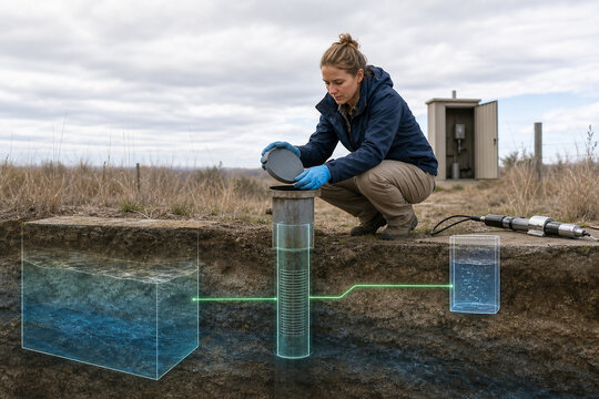 Hydrogeologist inspecting groundwater wellhead