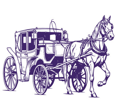 Vintage horse drawn carriage with one horse pulling it to the right isolated on white background