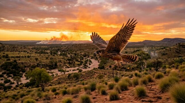 australian firehawk hawk hunting with fire control bushland northern territory sunset golden light video