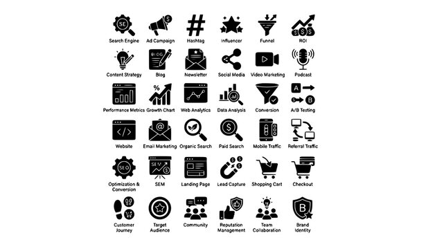 Marketing and SEO Simple Glyph Icon Set Vector Illustration
