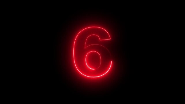 Vibrant glowing red neon number six digit pulsing with electric energy isolated on a deep black background, for modern digital, countdown timers and, cinematic motion presentations