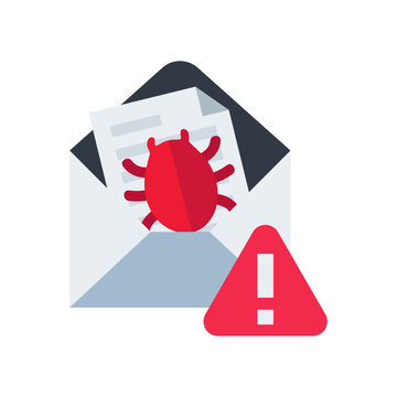Cybersecurity alert Email message containing a malicious virus or bug, depicted with a warning sign