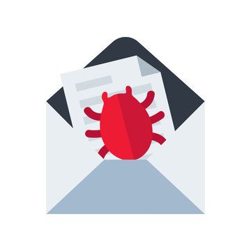 Digital threat concept with a red virus bug emerging from an email envelope, symbolizing malware