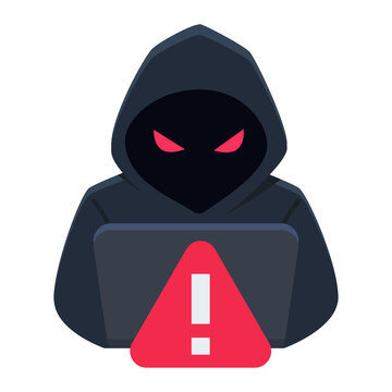 Illustrative depiction of an anonymous cybercriminal with glowing red eyes using a laptop displaying a critical security warning symbol.