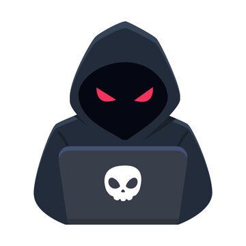 Mysterious figure representing cybercrime, data breach, and online security risks with skull laptop.