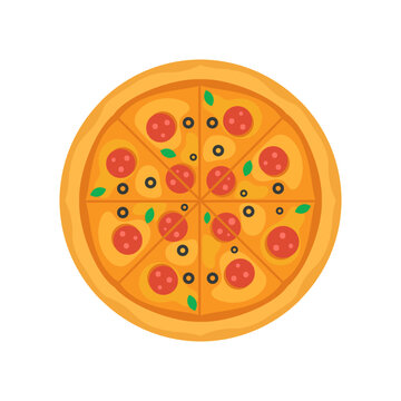 Delicious classic pepperoni pizza with olives and basil, cut into eight slices, on a white background.